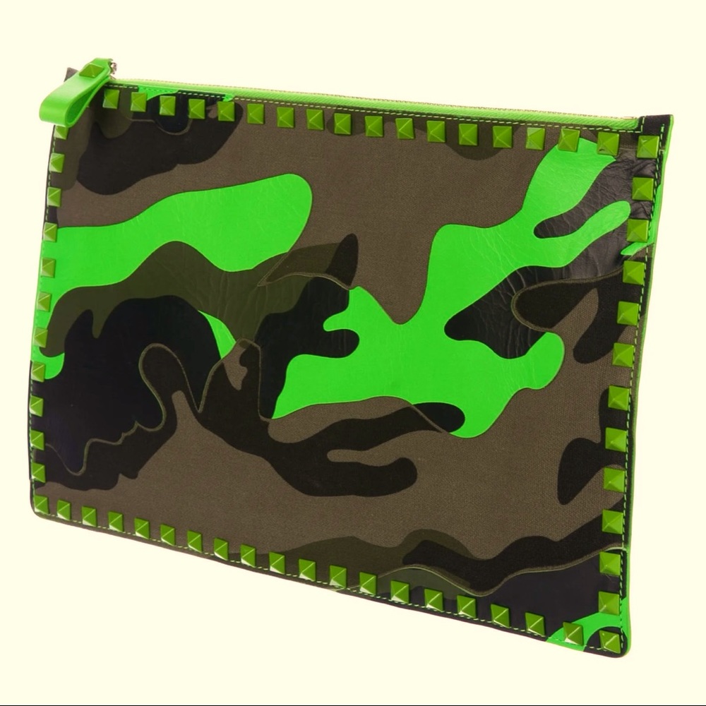 VALENTINO Neon green Camouflage Rockstud Clutch Wristlet Bag